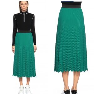 Maje Jissa Green Chevron Pleated Midi Skirt Pull On Elastic Waist Office Small